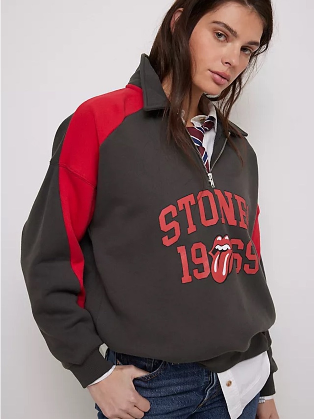Chaser Rolling Stones 1969 Gray & Red Quarter Zip Graphic Pullover Free People